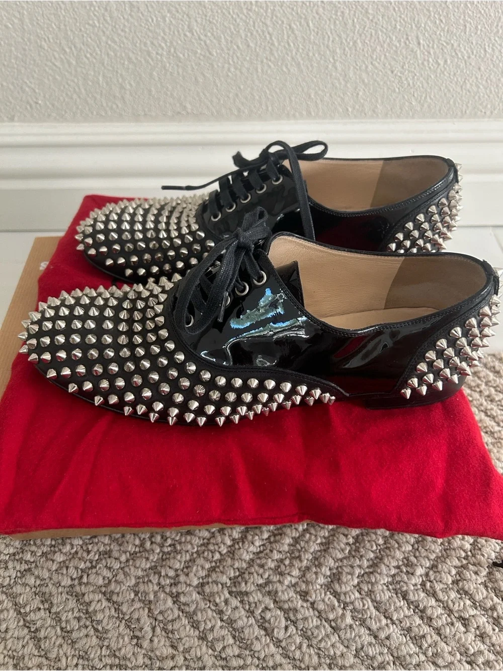 Christian Louboutin Freddy Flat Black Studded Patent Oxford Shoes